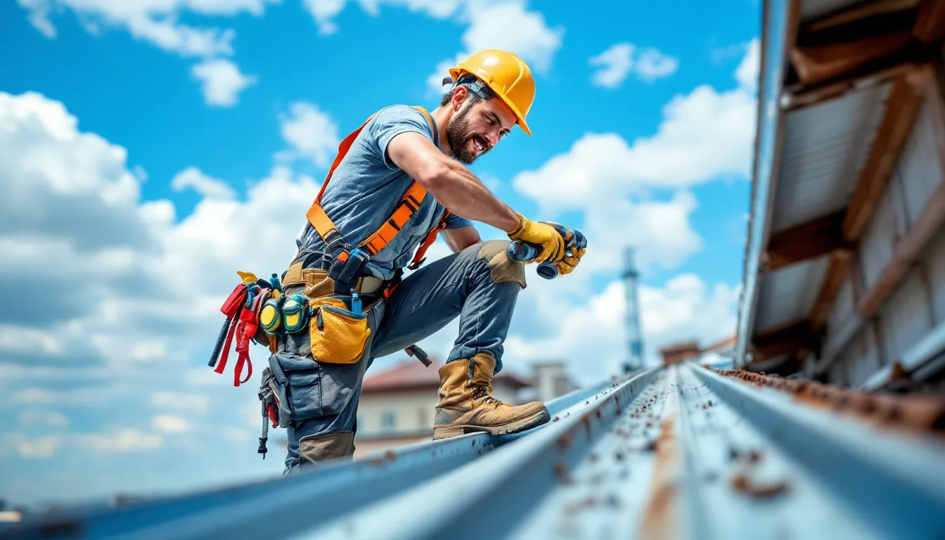 A roofer is diligently repairing a metal roof, showcasing the durability and energy efficiency of metal roofing materials. The worker is equipped with tools, ensuring proper installation and maintenance of the residential metal roof system.