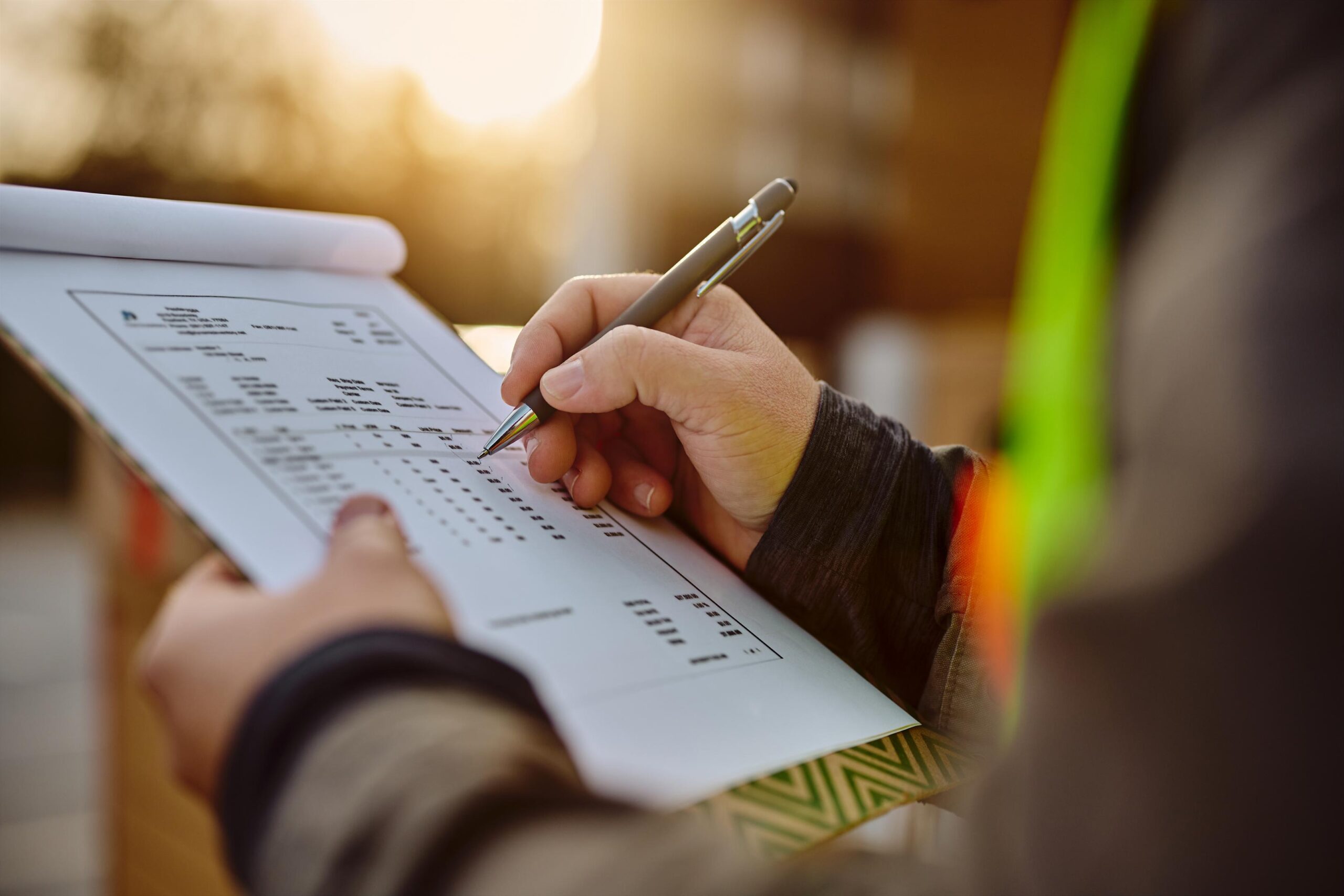 A person with a pen is filling out a form on a clipboard, possibly at work.